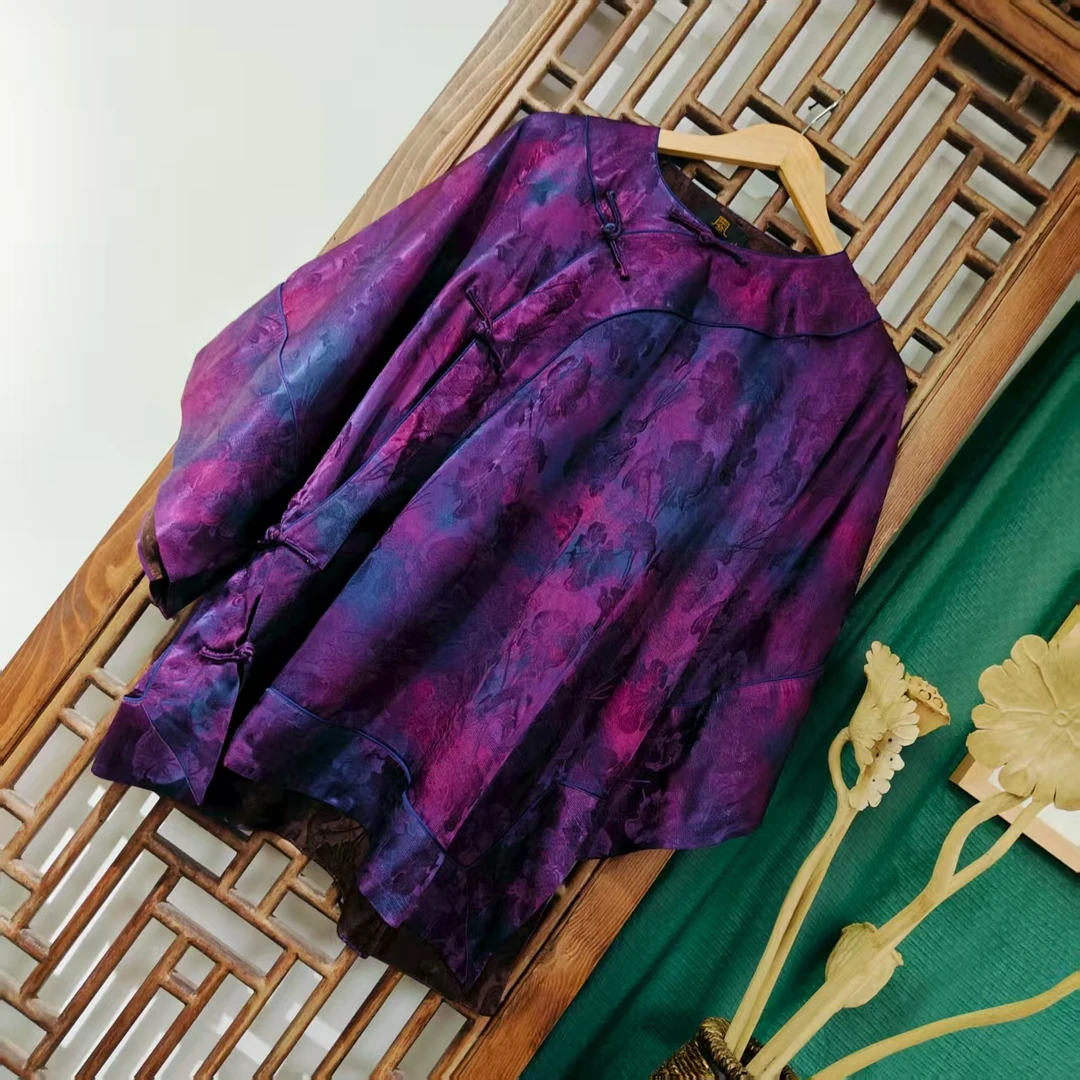 （NS198-8）凤徕兮私人定制紫色香香底荷叶暗纹斜襟盘扣太太服