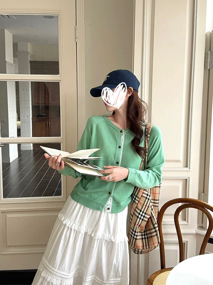 开春绿色针织衫开衫女高级感超好看温柔独特温柔知性长袖#8847