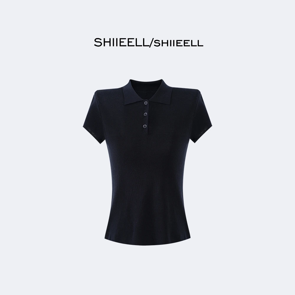SHIIEELL高智藏蓝棉纱小翻领修身针织短袖T恤Z1153