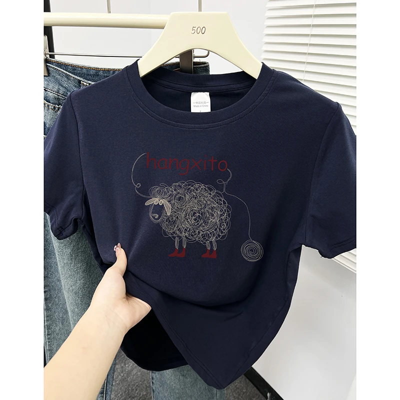 藏青色小众正肩上衣显白显瘦甜美绵羊印花短袖圆领通勤设计感T恤