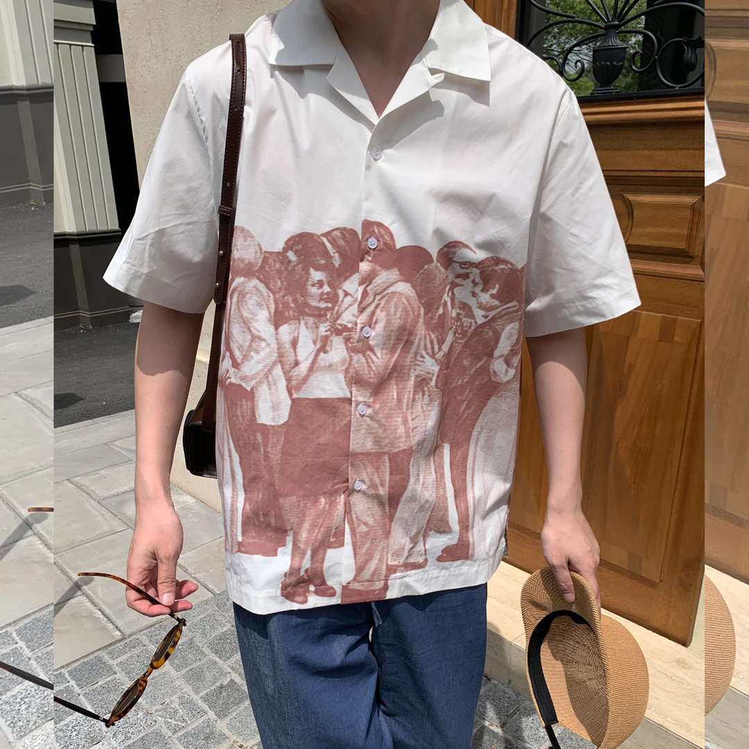 美式复古素描印花古巴领短袖衬衫男夏季新款情侣潮牌宽松休闲衬衣