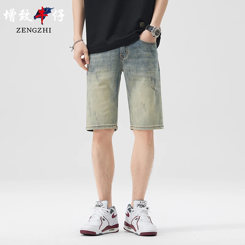 ZENGZHI/增致牛仔8056夏季新款复古泥黄色牛仔短裤男士休闲百搭