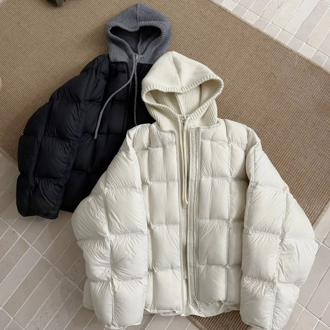 韩系针织连帽拼接泡芙羽绒服女2025冬季新款90白鸭绒简约保暖外套