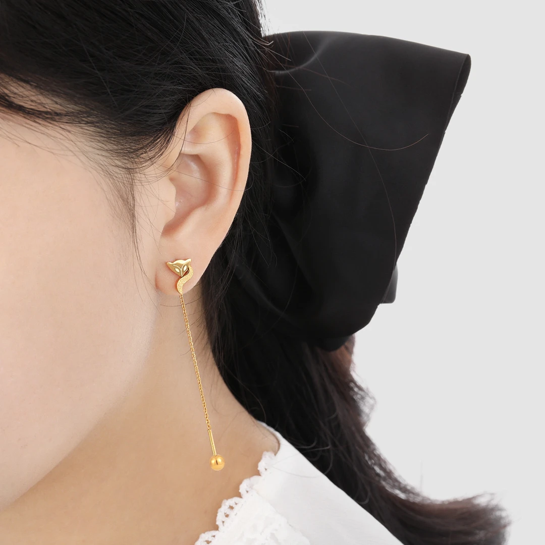 钛钢耳饰 钛钢不掉色可调节狐狸耳线女简约磨砂可爱狐狸耳线