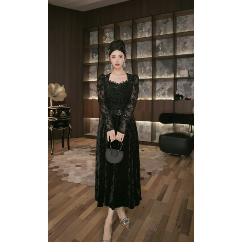 六爻定制 复古修身拼接显瘦气质长袖名媛宴会连衣裙 21921