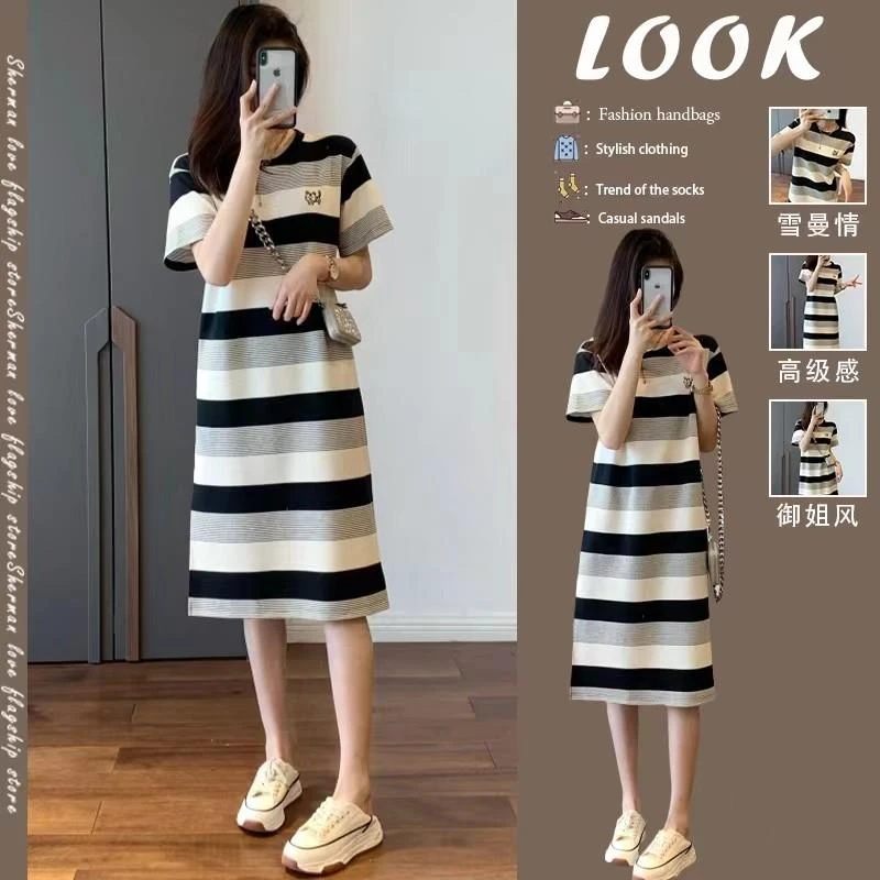 奥绅图哺乳连衣裙夏季外穿条纹宽松裙子气质喂奶衣服夏装外出辣妈