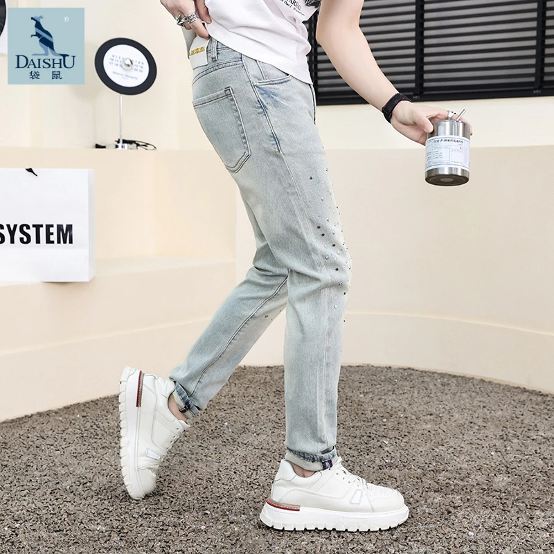 Dai Shu/袋鼠夏季轻薄款冰蓝色时尚破洞舒适休闲男显瘦修身牛仔裤