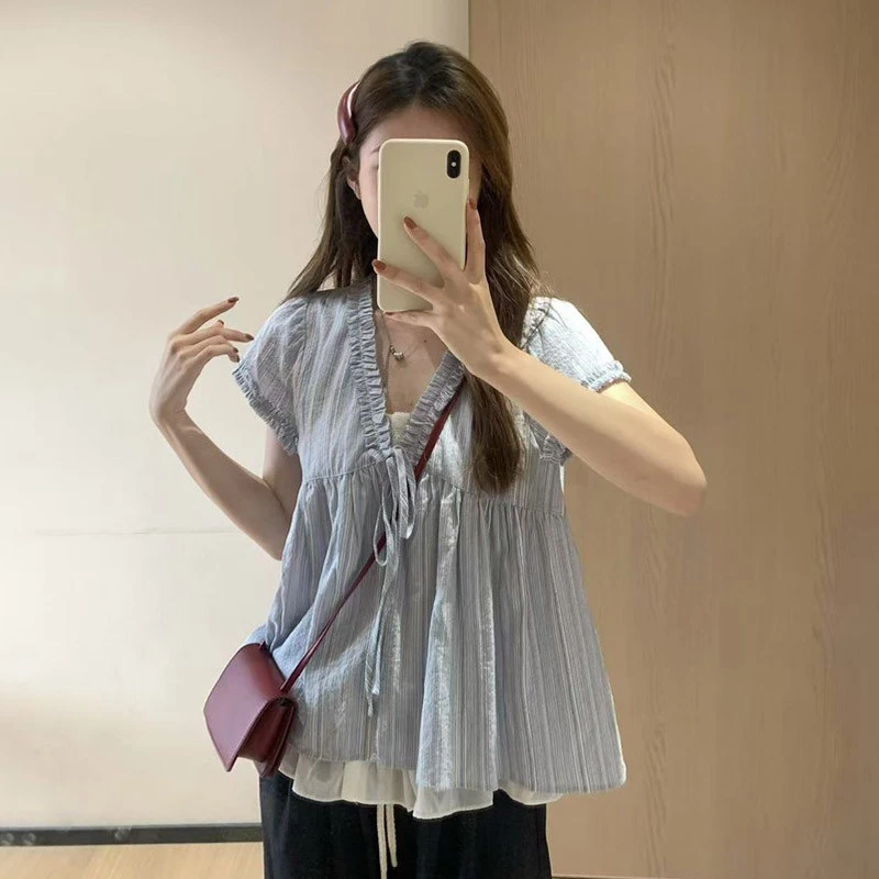 女装大码胖蓝色条纹假两件短袖衬衫女夏季新款宽松遮肉显瘦气质上