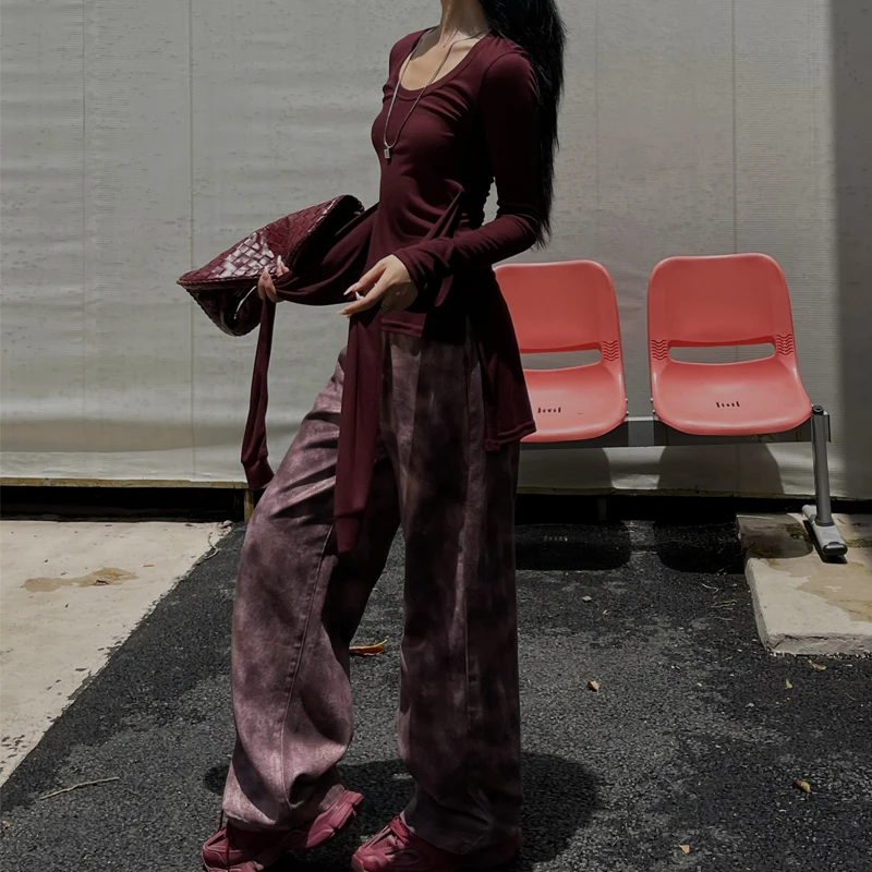 【Q-俏俏】2024秋季新款宽松直筒设计师款扎染迷彩印花牛仔裤74001