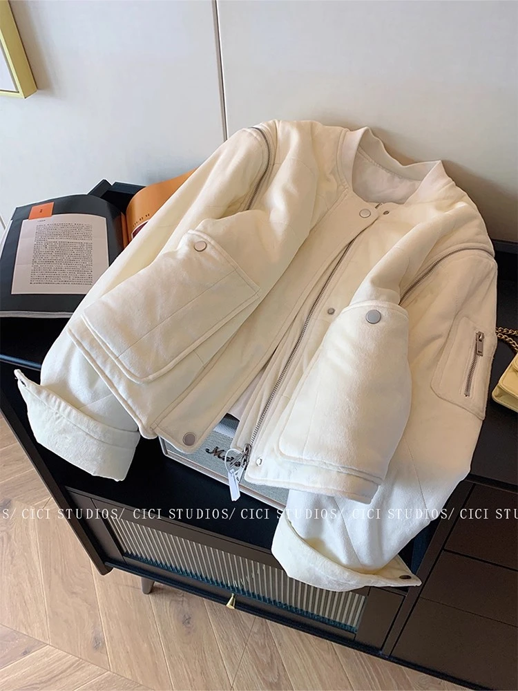米白色绒面厚实夹棉棉服女冬季2025新款休闲美式高级感保暖短外套