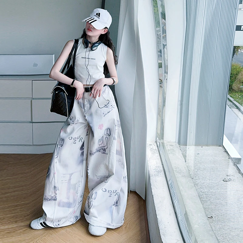 【嘻嘻柚】女童夏季2025新款时尚韩版背心宽松涂鸦弯刀阔腿裤两件套