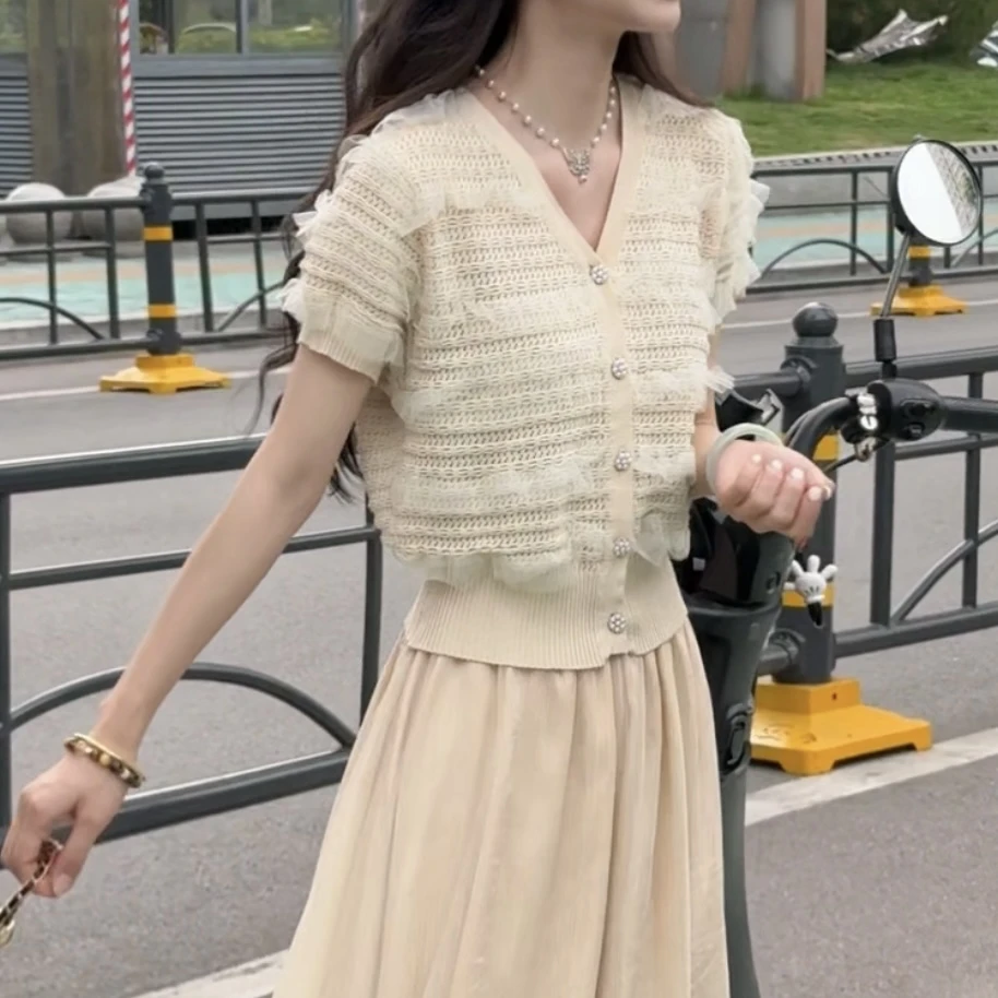 蔡小姐【视频同款不透】夏季衬衫针织小香风蕾丝显瘦气质2025年新款