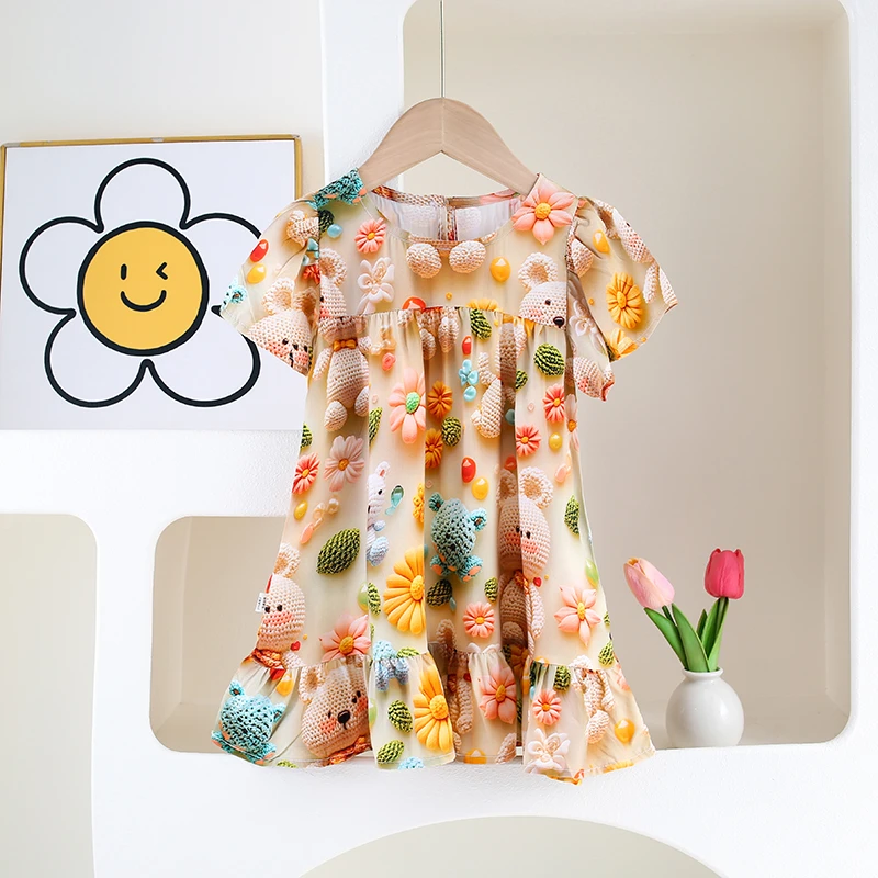 LT025女童夏季玩偶娃娃5D立体印花连衣裙短袖裙