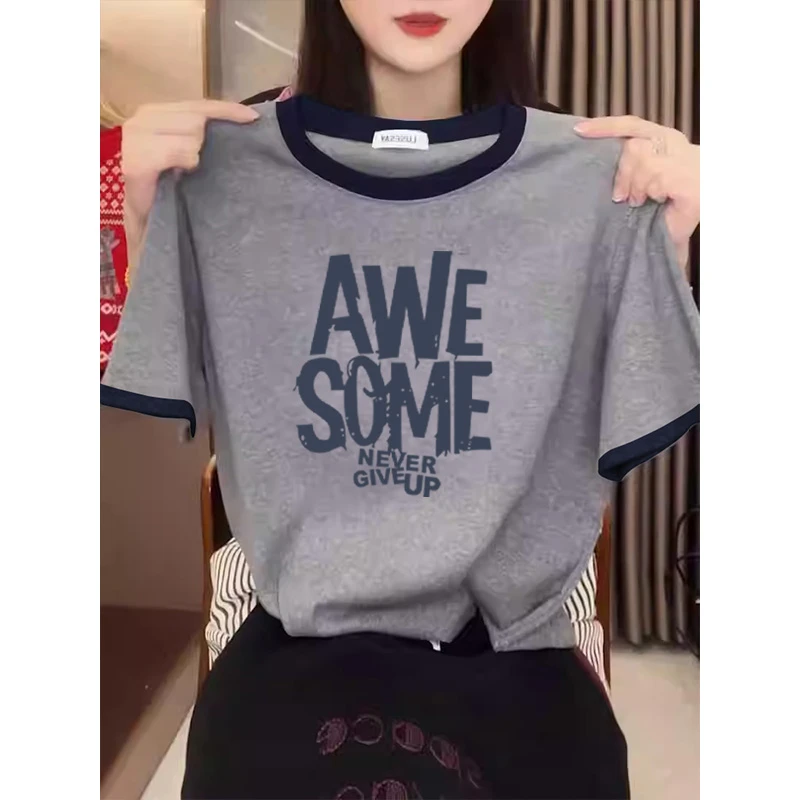 2025夏季新款正肩撞色纯棉短袖t恤女装时尚百搭洋气灰色上衣夏季