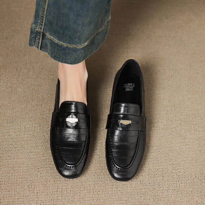 法式复古方头深口平底金属单鞋女2025夏季新款小皮鞋一脚蹬黑棕色