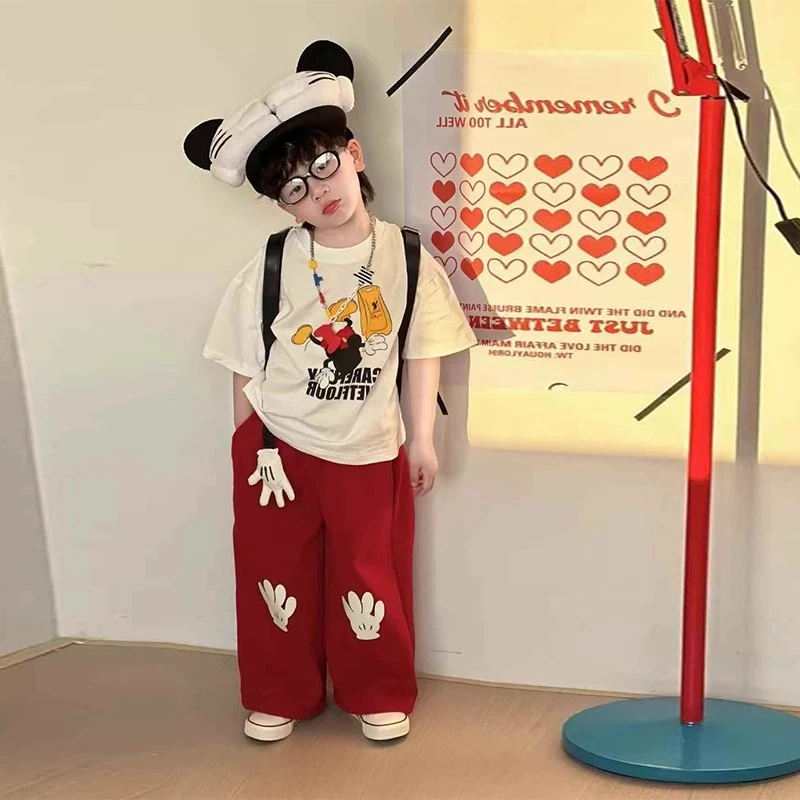 男童帅气百搭卡通印花休闲裤2025夏装中小童宽松长裤短袖T恤套装