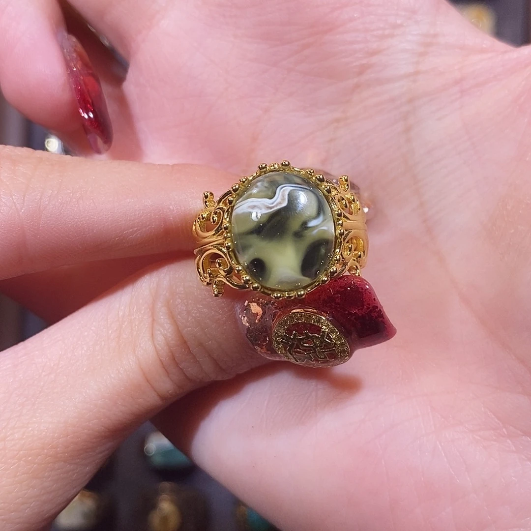 琥珀戒指银S925镀金镶嵌寜*戒指