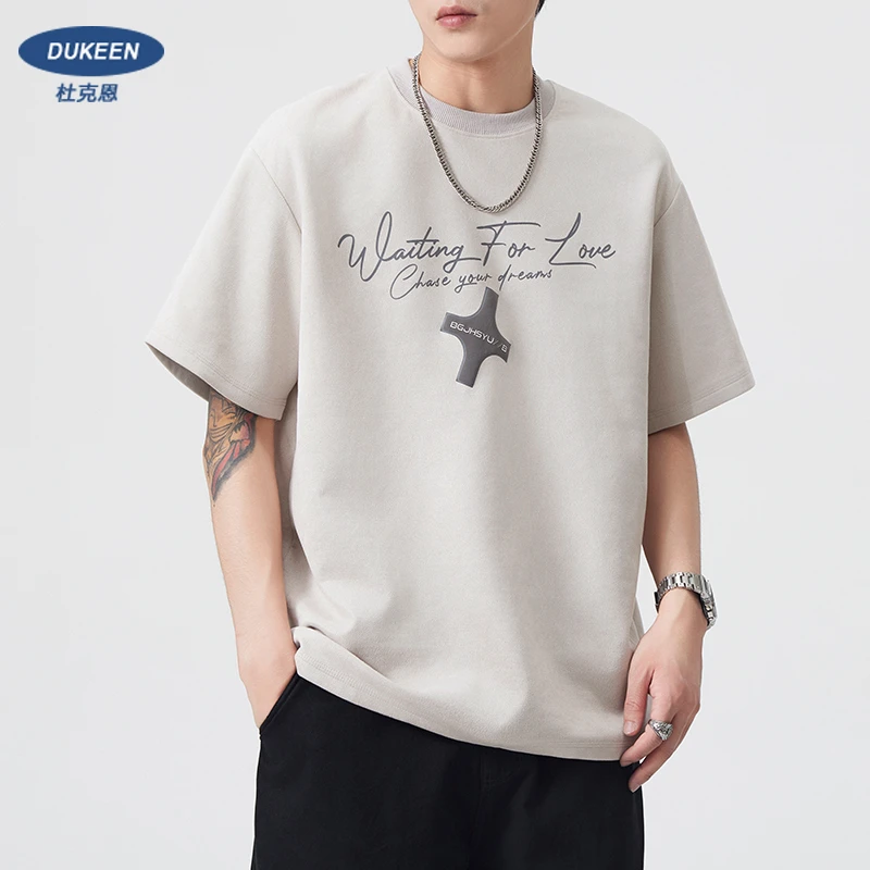 杜克恩麂皮绒220G重磅t恤短袖男夏季美式复古印花圆领体恤青少年
