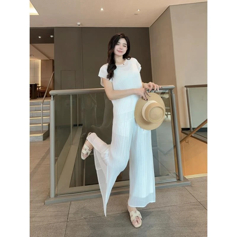 【褶二喜】三宅风褶皱时尚套装女简约风双层网面短袖显瘦高腰休闲裤