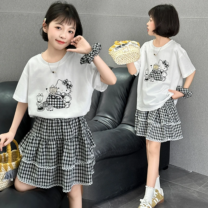 2025新款夏款甜美卡通T恤格子裙套装女童夏装6-12岁潮款高级感