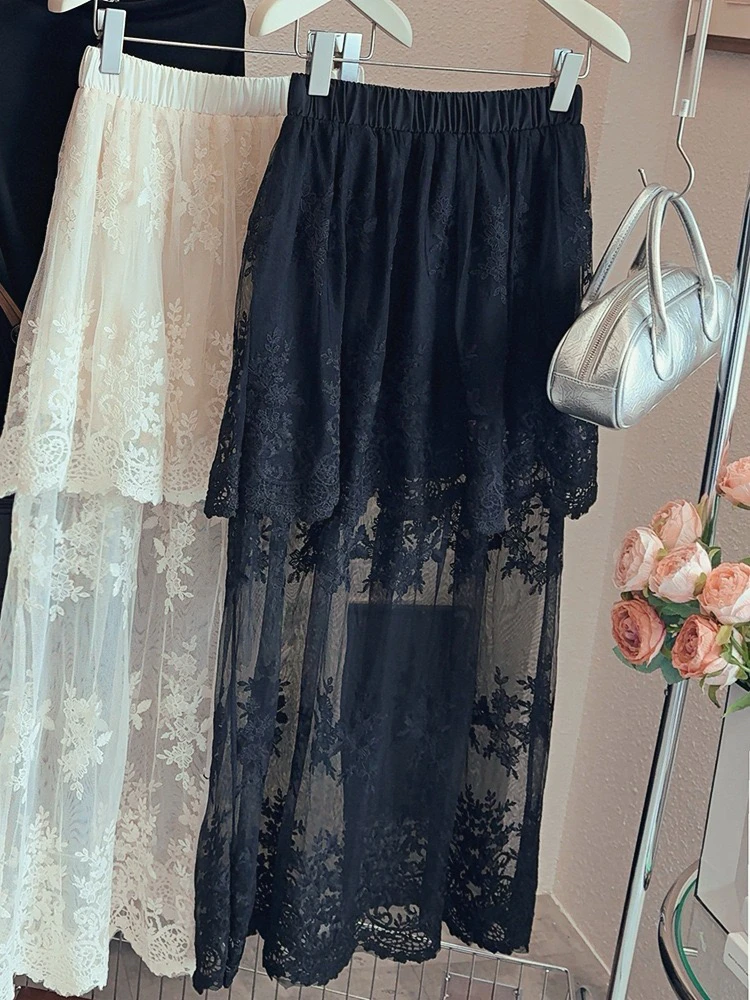 复古蕾丝拼接高腰显瘦法式减龄夏季新款网纱半身长裙女