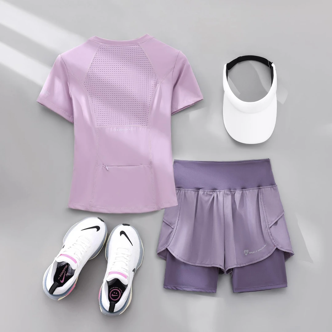 LULUISSUE夏季专业女跑步瑜伽服套装短袖速干三分裤透气轻薄显身