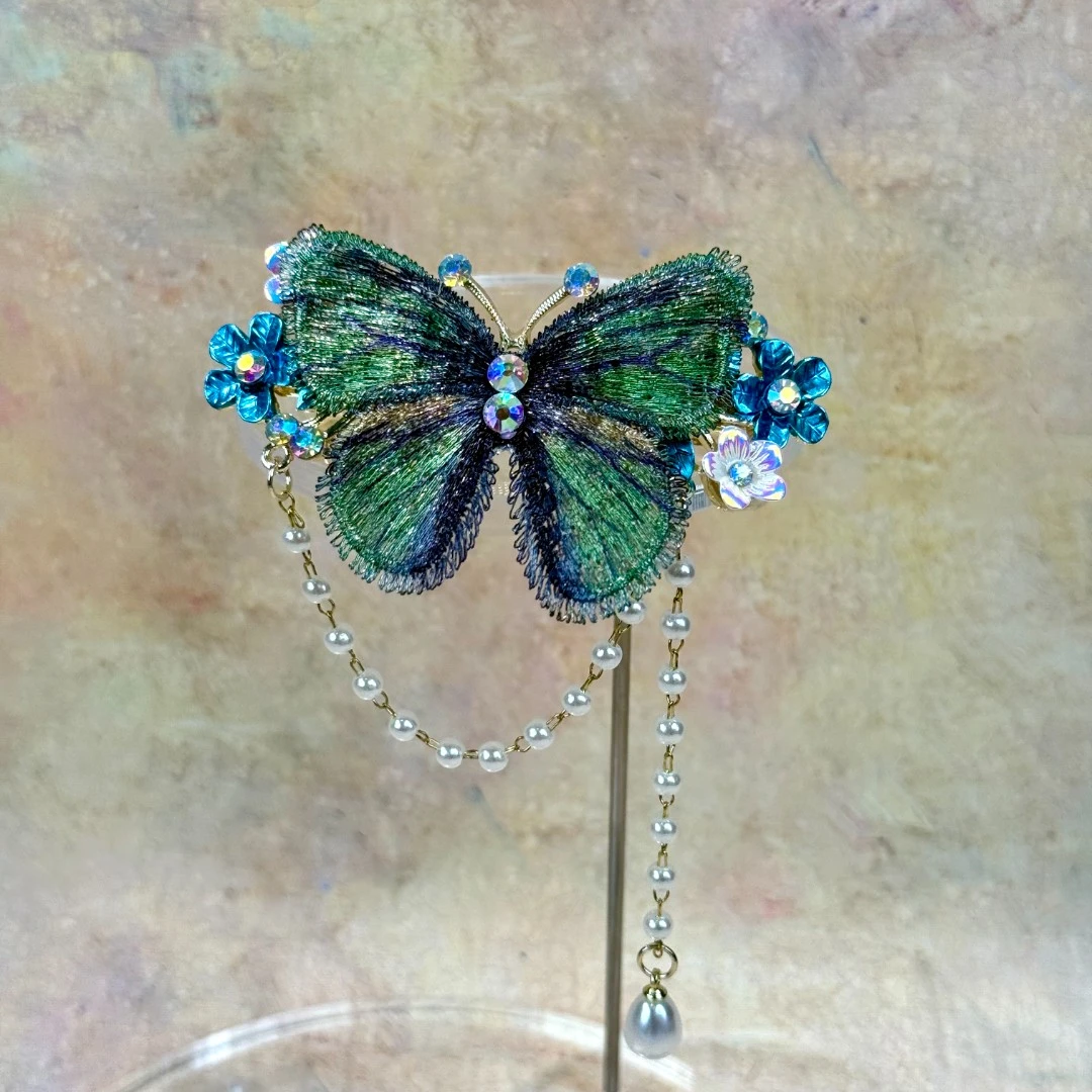 【蝶梦芳菲】珠串蝴蝶布艺刺绣流苏风步摇弹簧一字发夹