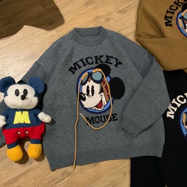 复古米奇圆领卡通米奇男孩毛衣秋冬百搭抽绳针织衫情侣男孩毛衣