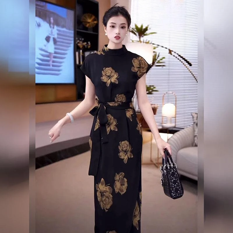 【NEXT女装】黑色短袖印花连衣裙女夏上流社会法式高级感大方得体