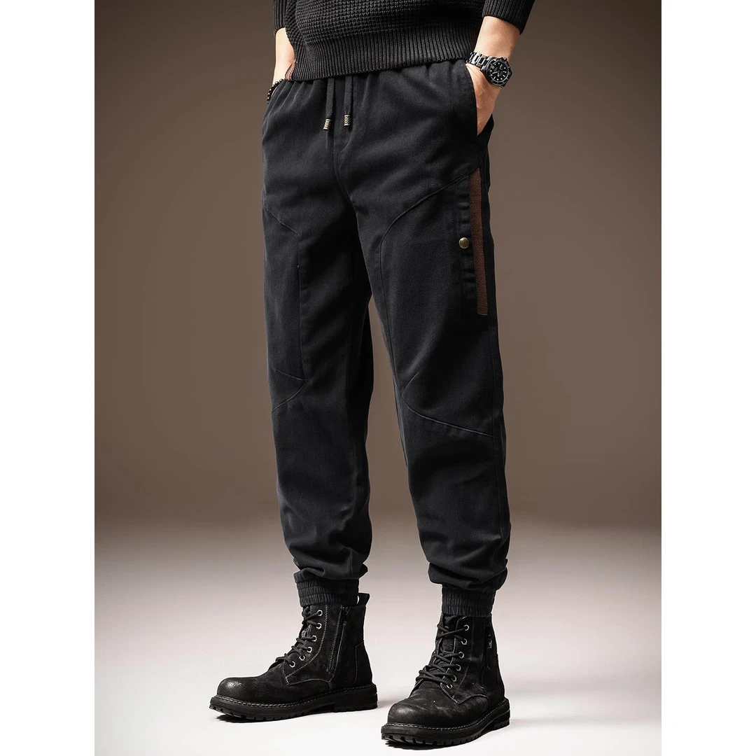 ICCLEK高端美式潮牌束脚工装裤男宽松舒适弹力新款系带拼接休闲裤