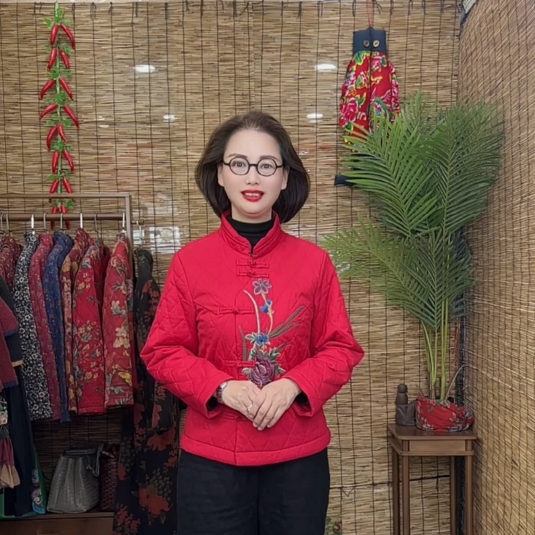 <尼龙棉衣2>立领小斜襟绣花盘扣宽夹棉女装复古中式棉服优雅2088