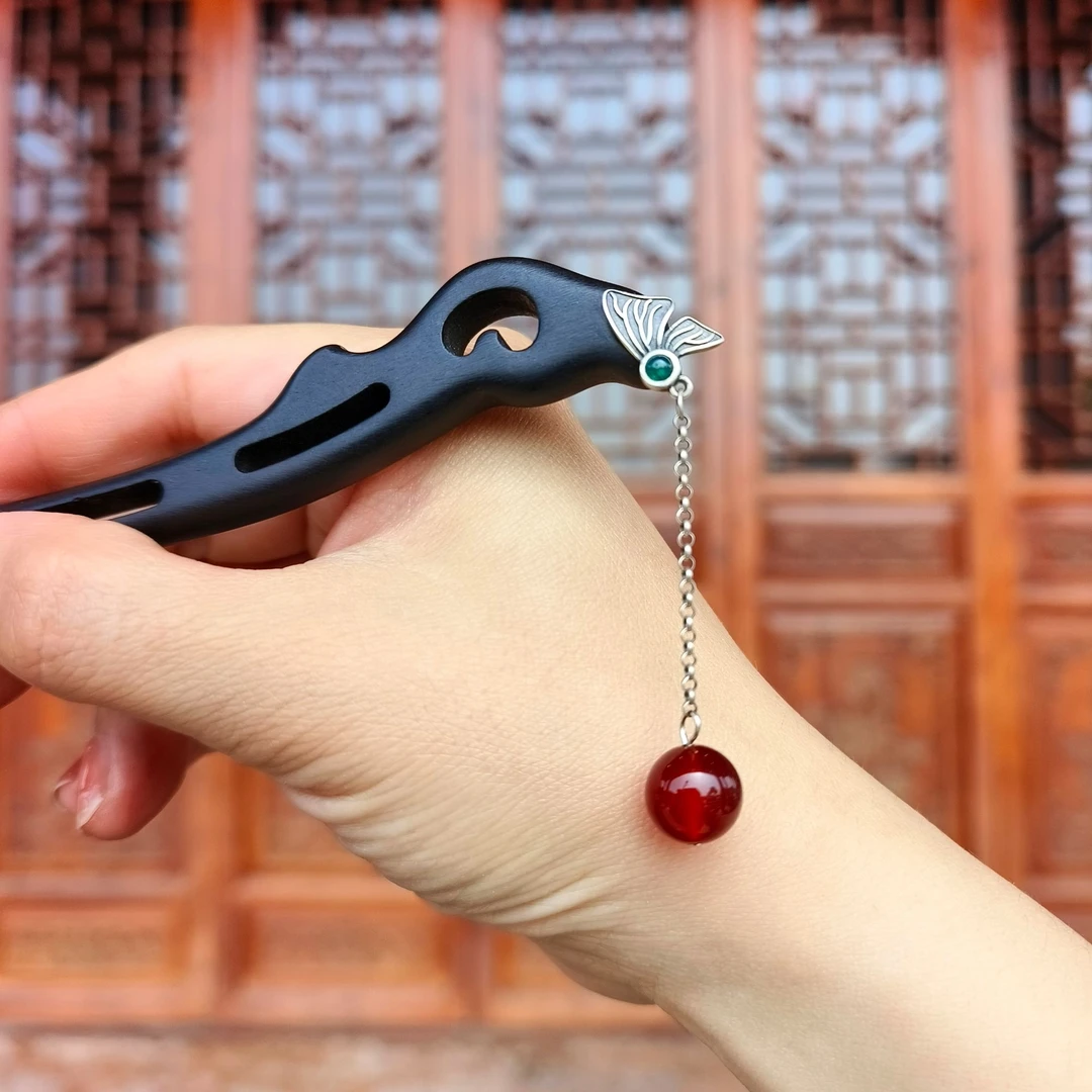 手工黑檀木发簪s925银配件蝴蝶古风旗袍发饰头饰中式复古国风步摇