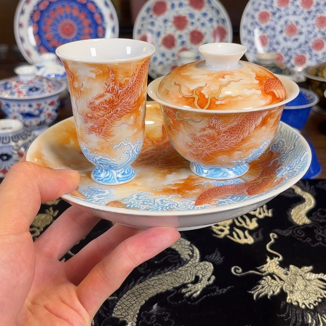 矾红鱼化龙杯子盖碗壶承