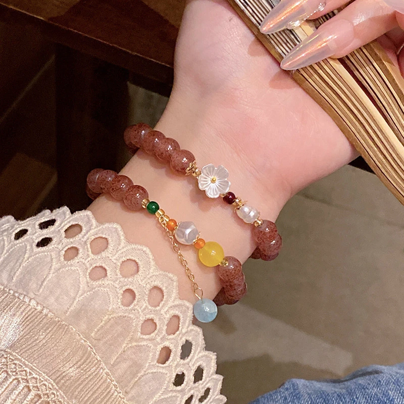 钛钢手链 新中式草莓酱串珠桃花手串轻奢小众高级感百搭气质手链