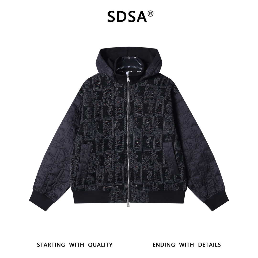 SDSA男士秋冬新款痞帅男装简约刺绣提花拼接拉链立领连帽卫衣外套