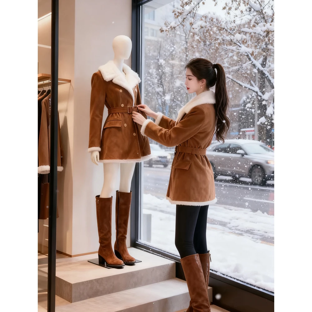 韩系高级感加绒加厚外套女2025冬季新款收腰显瘦气质皮毛一体上衣