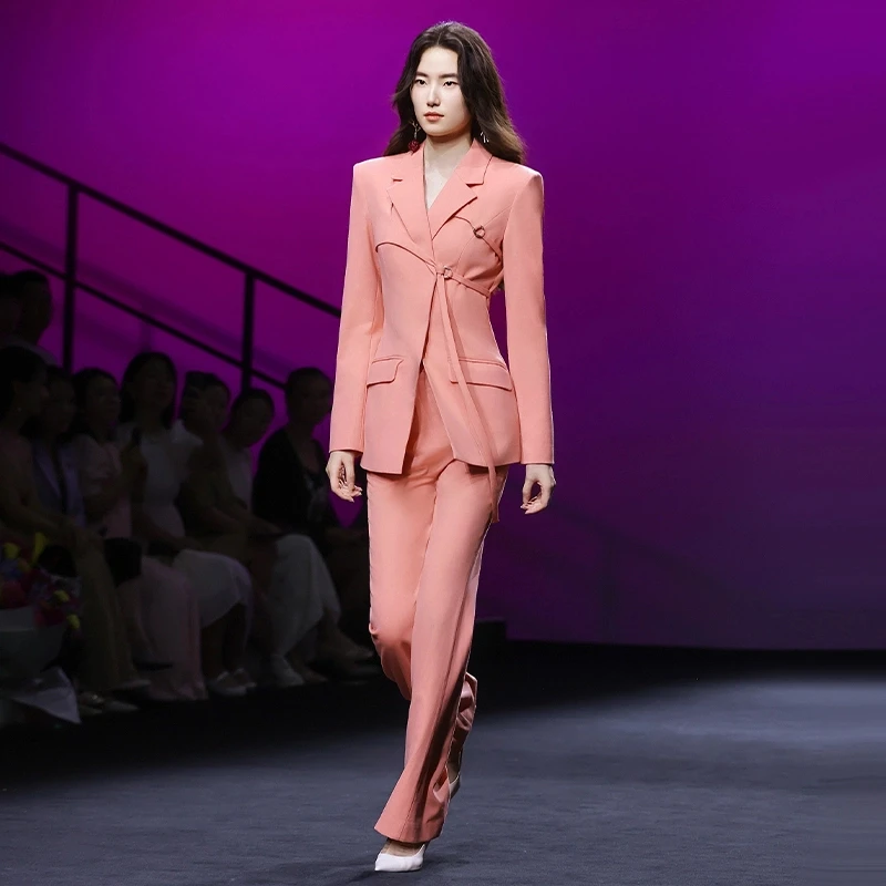 MAGGIE MA设计师款蜜桃粉圆环绑带束腰显瘦气质时尚西装套装853D