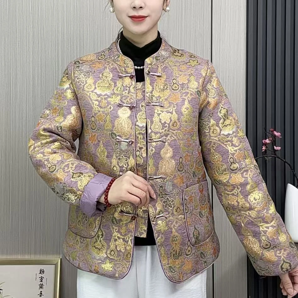 新款烟紫提花中式国风盘扣立领气质中国风时尚上衣加厚棉衣外套
