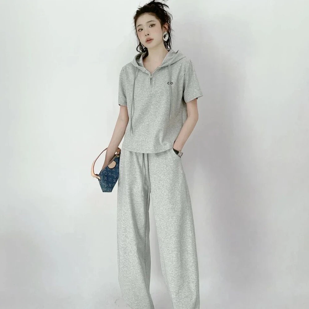 X1536时尚短袖套装女2025夏季新款洋气连帽上衣+裤子两件套