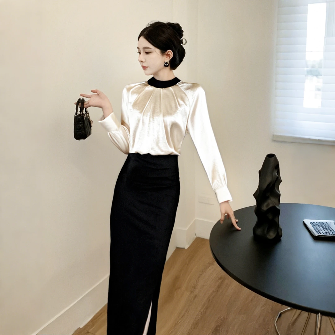 A【两件套】设计感上衣高腰a字裙荷叶边包臀鱼尾开叉裙子套装D3301