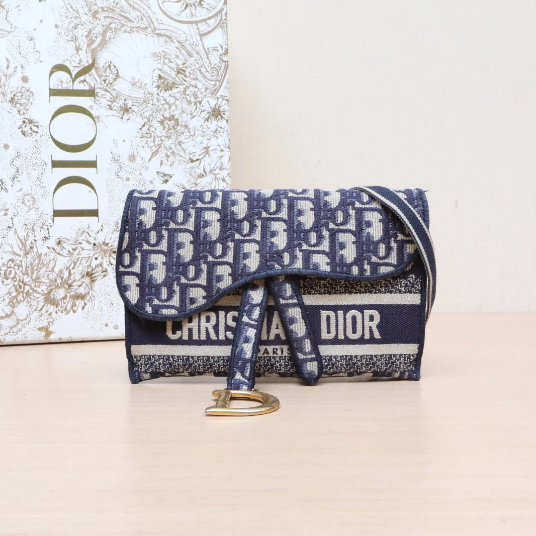 95新 DIOR/迪奥 【活动黑黑】马鞍 腰包 21 墨蓝色 帆布 金扣