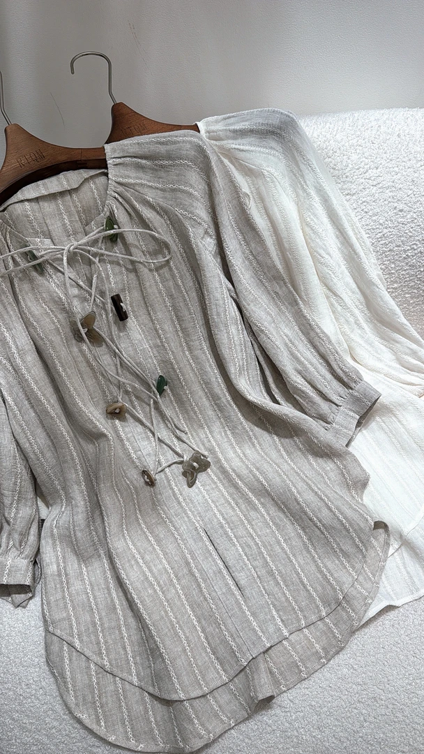 【25380】慵懒感亚麻上衣长袖衬衫气质印花衬衣设计感休闲衬衫