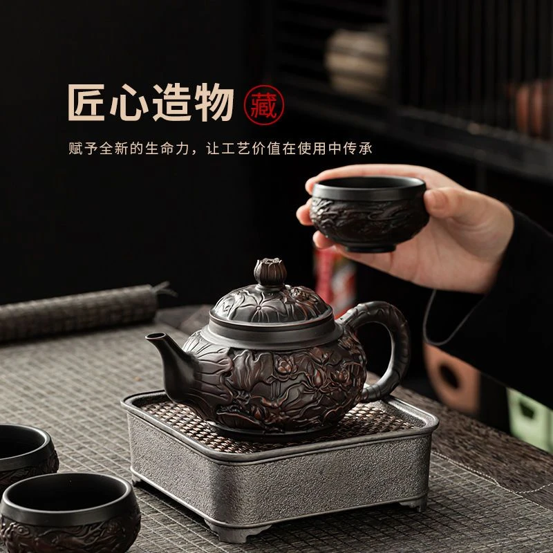 紫陶壶单壶满雕祥龙紫泥手工泡茶壶高档泡茶壶家用功夫茶具手抓壶