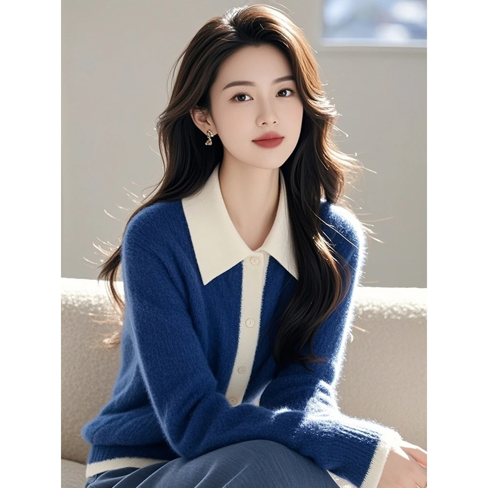 YY#慵懒漂亮设计感蓝色开衫针织毛衣外套女款冬季新款DY11881