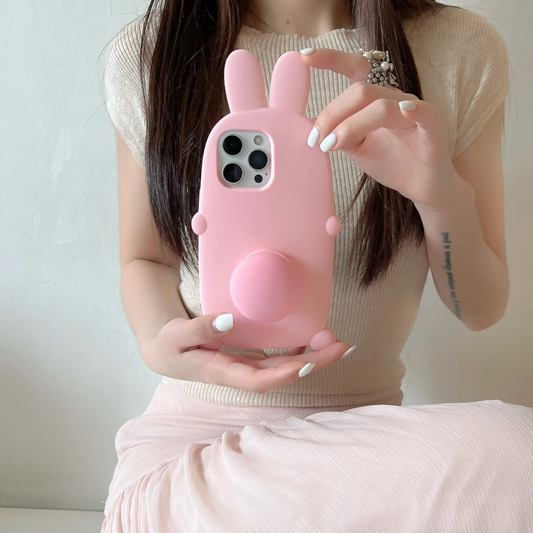 （苹果）粉色大兔子支架女款可爱适用iPhone16卡通立体硅胶手机壳