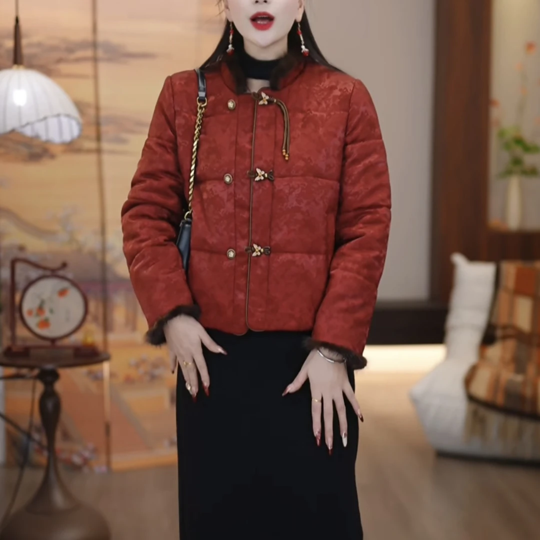 【棉服】2025冬季新款洋气新中式梅子红了毛领国风加厚保暖棉服外套