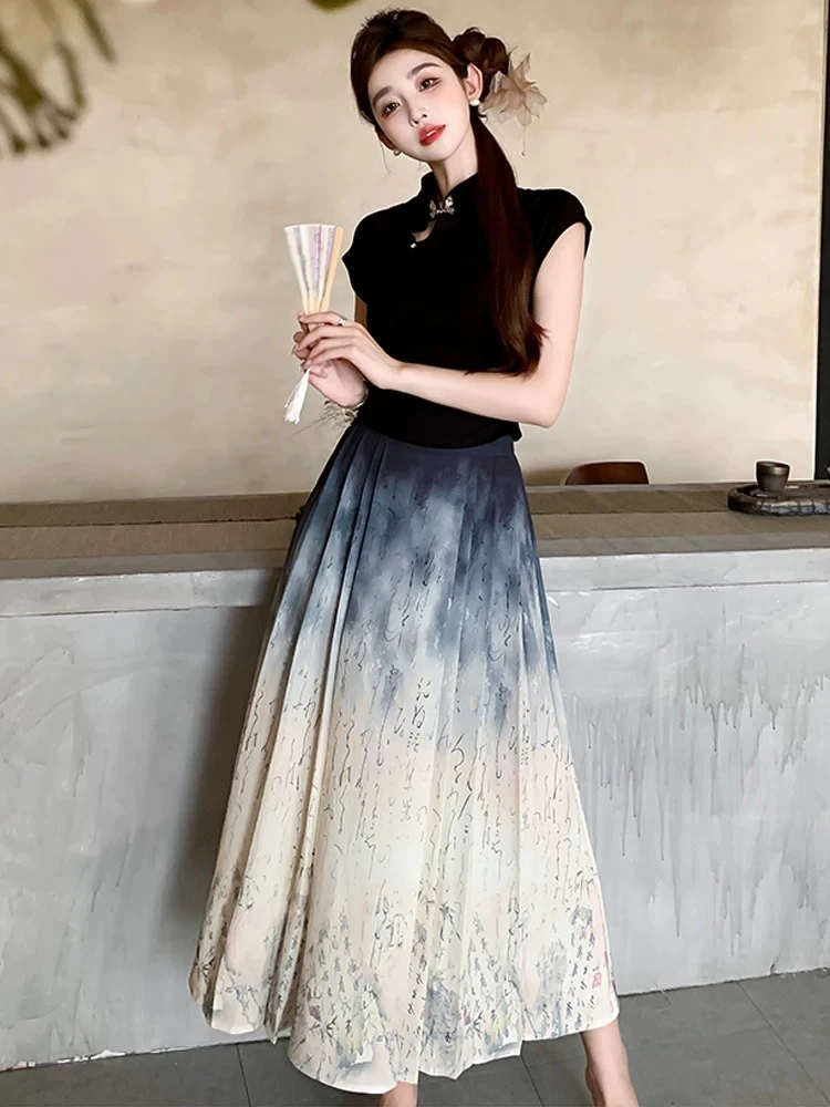 【断码清仓】 T037夏季时尚气质飞袖国风大裙摆半裙两件套套裙SS4