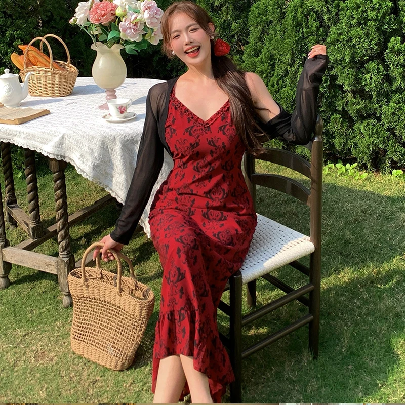 大码女装高级感法式复古碎花吊带连衣裙胖mm显瘦度假风长裙2041