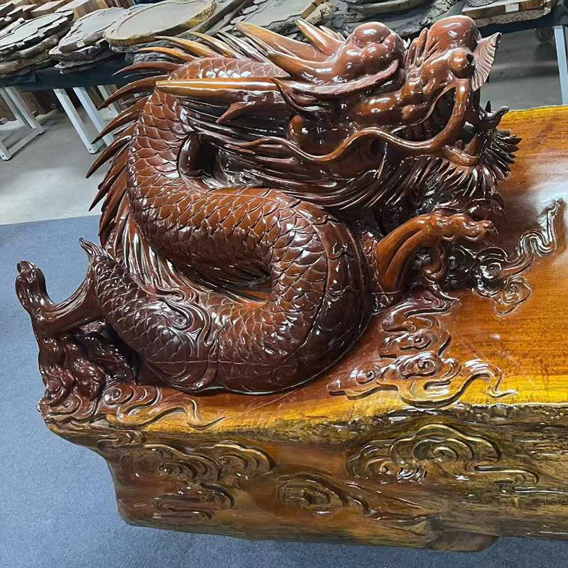 实木雕刻龙凤精美大气家居茶台摆件