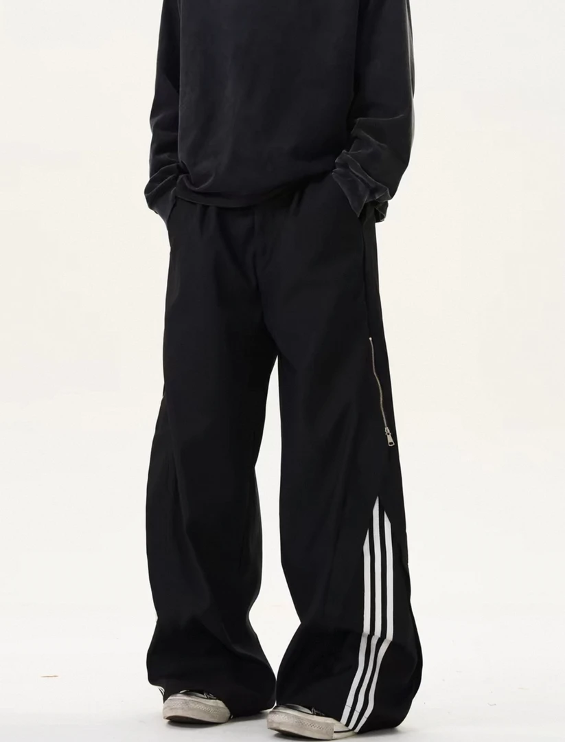 C17#瑕疵介意勿拍，美式复古三道杠条纹宽松休闲侧拉链设计感裤子